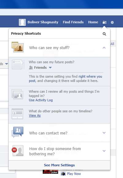 FB privacy shortcuts drop-down
